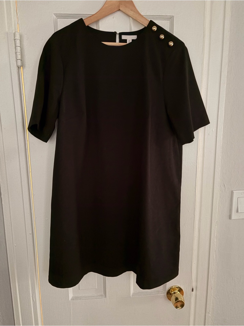 Classic Black Short Sleeve Shift Dress with Shoulder Buttons